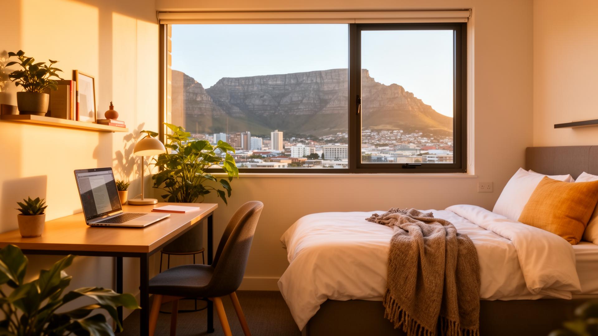 Student bedroom with desk and view of Table Mountain